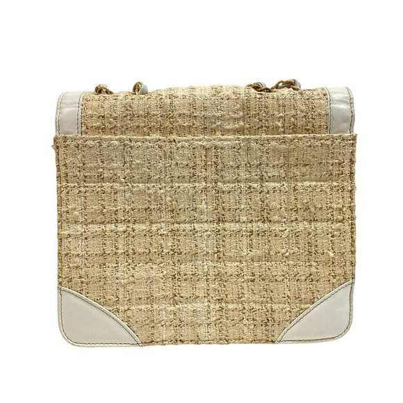 CHANEL Double Chain Shoulder Bag Coco Mark Tweed Crossbody White